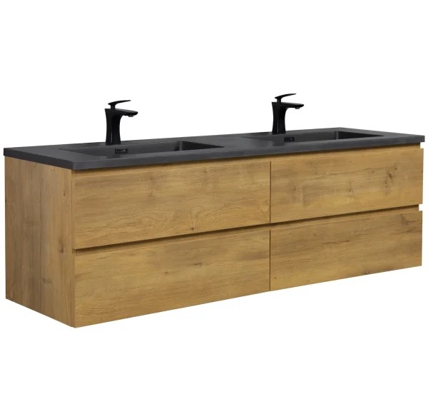 Badplaats Badkamermeubel Set Angela 160 cm – Eiken – Badmeubel met Zwarte Wastafel - 51Dnspod | Smaakvolle damp – Verzendkosten vrij vanaf 40€