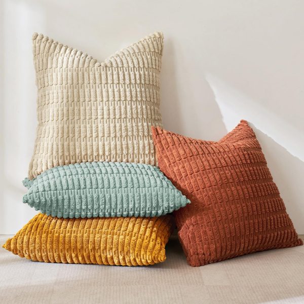 Boho Farmhouse Corduroy Kussenhoezen - 50 x 50 cm - Decoratieve Kussenhoezen voor Woonkamer, Bank, Bed of Veranda - Zacht Gestreept Design - Oranje en Teal - Met Onzichtbare Rits - 51Dnspod |