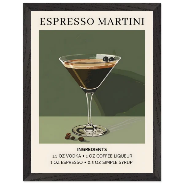 Artfulprints Poster met Lijst Espresso Martini cocktail - Ingrediënten - 30x40 cm - Donkergroen - 51Dnspod | Smaakvolle damp – Verzendkosten vrij vanaf 40€