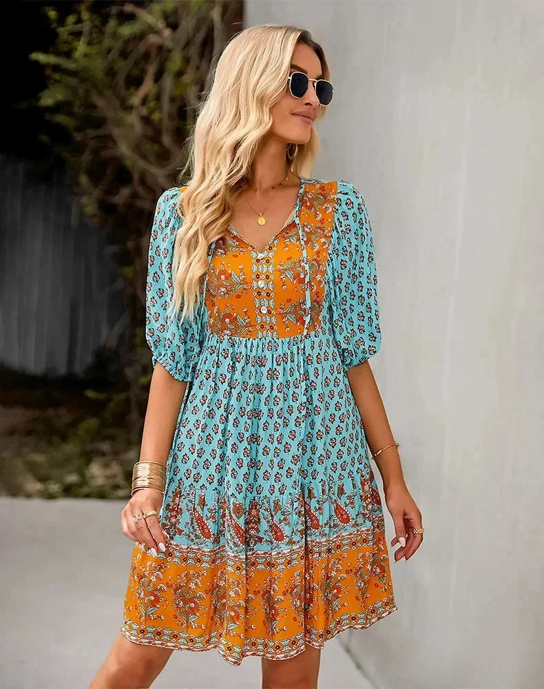 Bohemian Mini Jurk met Print en Volantzoom - 51Dnspod | Smaakvolle damp – Verzendkosten vrij vanaf 40€ Bohemian Mini Jurk met Print en Volantzoom - 51Dnspod | Smaakvolle damp – Verzendkosten vrij vanaf 40€