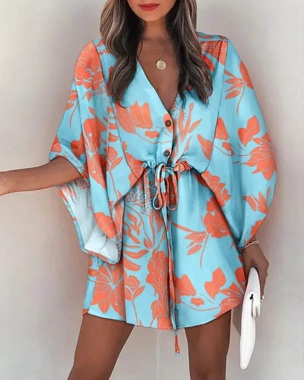 Blazerjurk - Bloemenprint - Losse Pasvorm, Wijde Mouwen, Taille Aansnoerbaar - Perfect voor Casual Dagjes en Zomerse Avonden - 51Dnspod | Smaakvolle damp – Verzendkosten vrij vanaf 40€