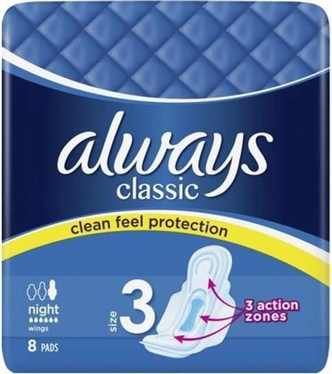Always Classic Night "Clean Feel Protection" - 8st - 51Dnspod | Smaakvolle damp – Verzendkosten vrij vanaf 40€ Always Classic Night "Clean Feel Protection" - 8st - 51Dnspod | Smaakvolle damp – Verzendkosten vrij vanaf 40€